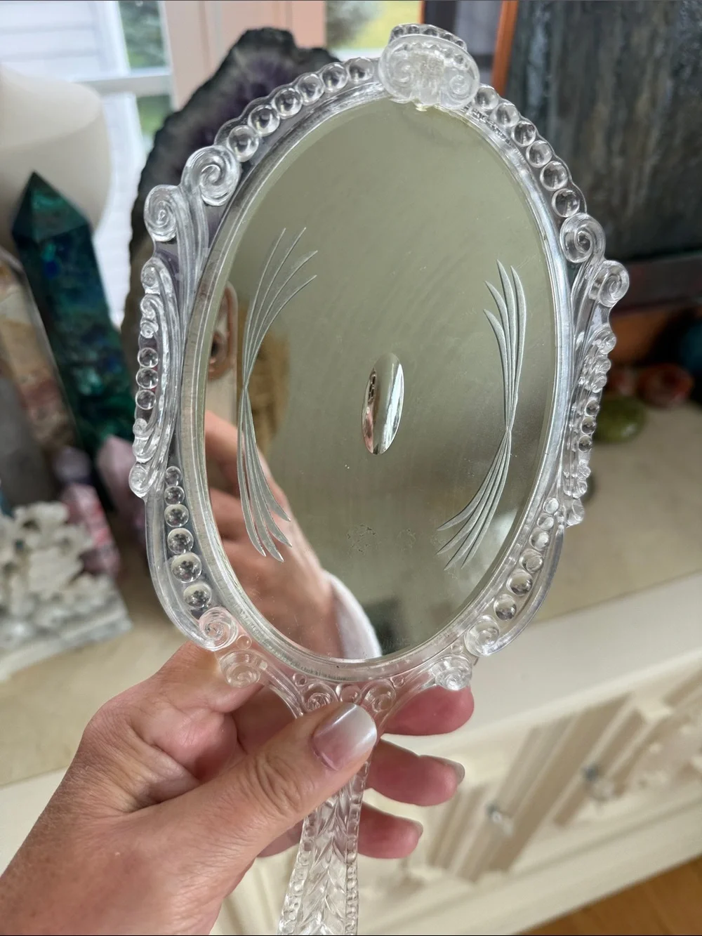 Vintage Clear Lucite Handheld Vanity Mirror